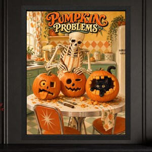May include: A framed wall art print titled PUMPKIN PROBLEMS featuring a skeleton wearing an apron carving pumpkins at a kitchen table. A black cat sits inside a carved pumpkin. The scene includes orange chairs, a kitchen counter, and decor.