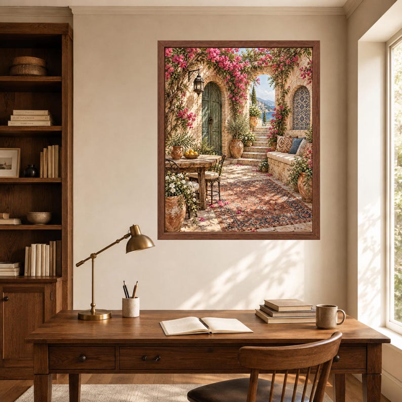 May include: A framed wall art print depicting a Mediterranean patio scene with a stone archway, vibrant pink bougainvillea flowers, a wooden table, chairs, a patterned rug, and terracotta pots, displayed above a wooden desk with a lamp and books.