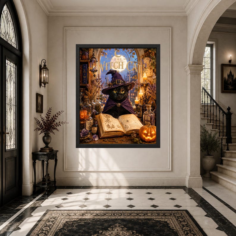 May include: A framed wall art print featuring a black cat wearing a purple witch hat and cape, sitting behind an open book. The scene includes glowing candles, glass potion bottles, and a carved pumpkin, with the text THE WITCH CAT above.