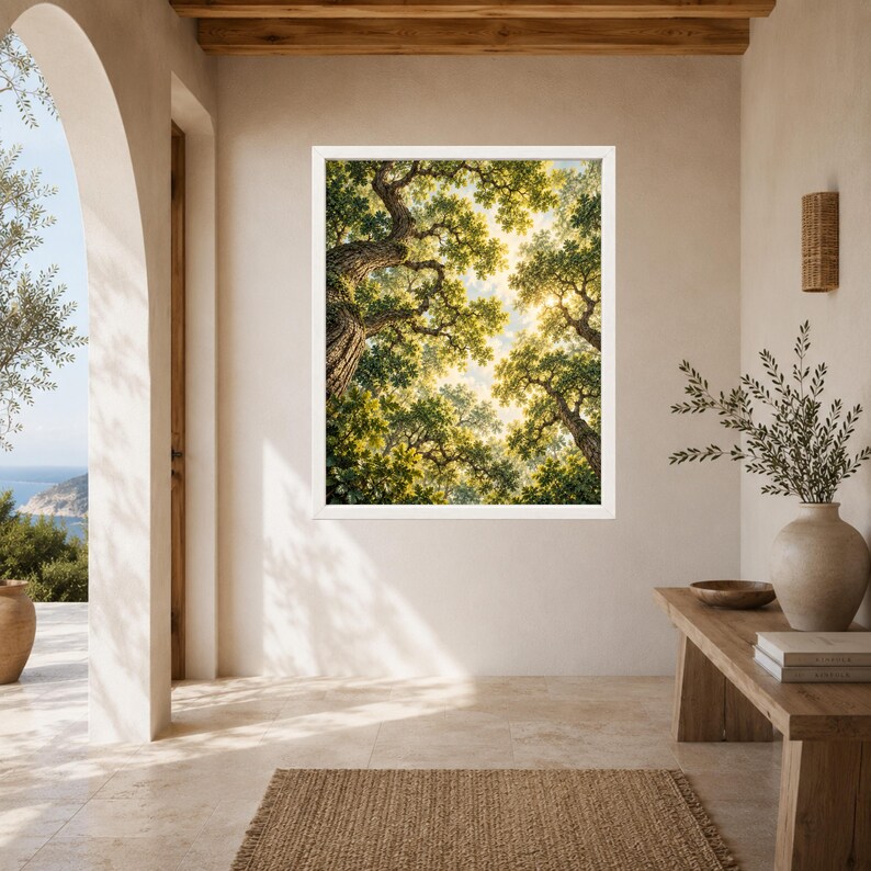 May include: A square wall art print featuring a low-angle view of dense green tree canopies with sunlight filtering through the leaves. The image displays textured tree trunks and a bright, hazy sky visible between the branches in a white frame.
