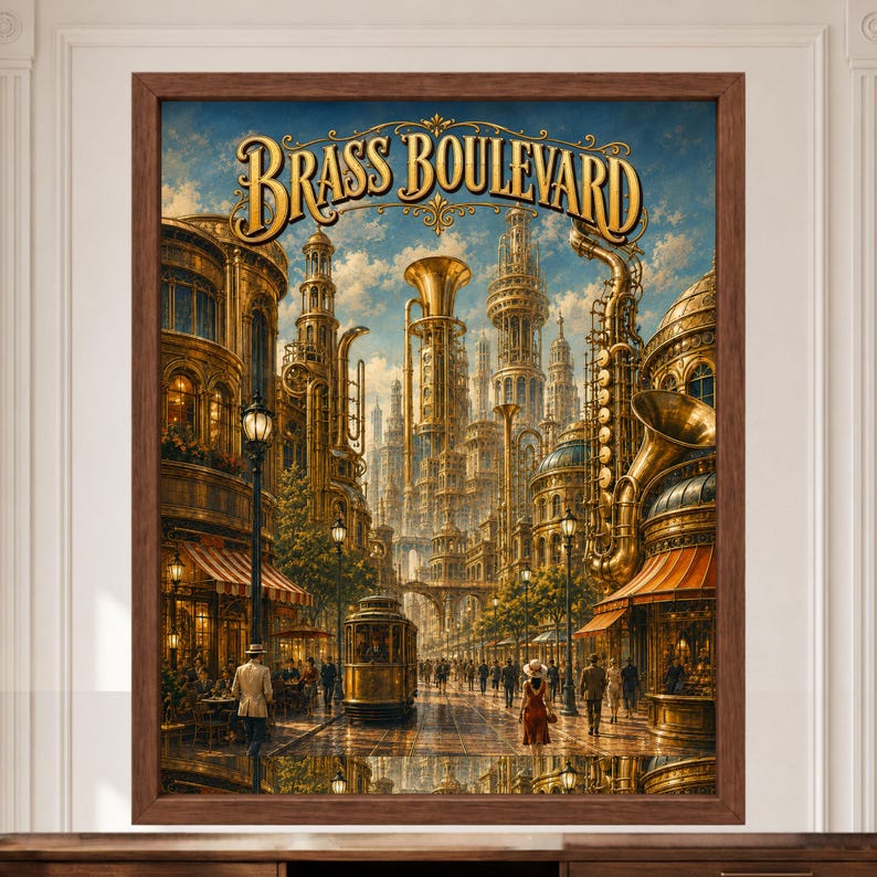 May include: A framed wall art print titled Brass Boulevard featuring a city street scene with buildings constructed from brass musical instruments like saxophones and trumpets, a central trolley, and people walking under a blue sky.