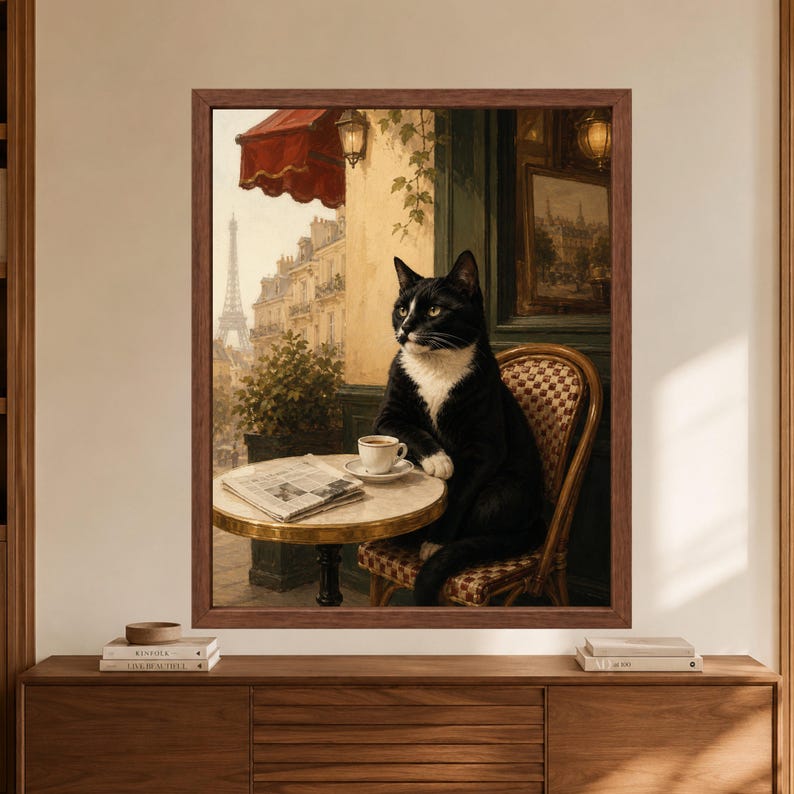 Framed Paris cat wall art showing a black and white tuxedo cat seated at a French café table with coffee and a newspaper, with the Eiffel Tower and Paris street visible behind a red awning.