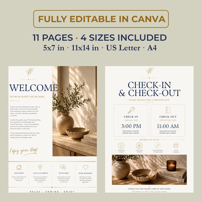 May include: A digital welcome guide template set featuring 11 pages in 12.7x17.8 cm, 27.9x35.6 cm, A4, and US Letter sizes, fully editable in Canva. The design includes text headers like Welcome, Check-In & Check-Out, and icons for home, local favourites, and memories.