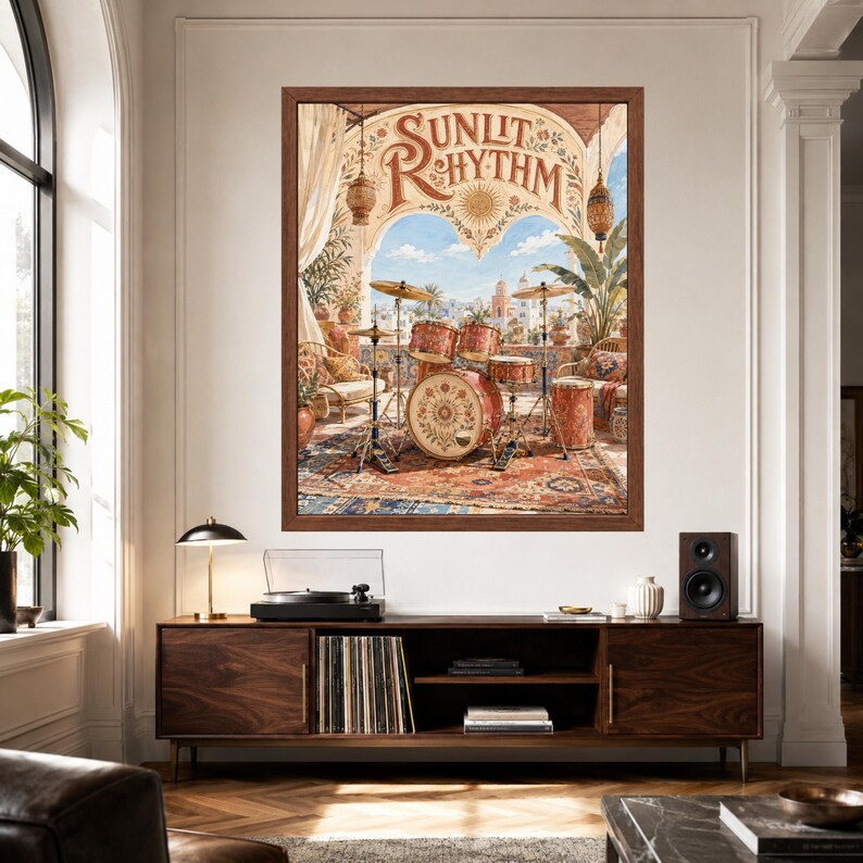 May include: A framed wall art print titled Sunlit Rhythm featuring a drum kit set on a patterned rug within an arched balcony overlooking a town. The artwork displays warm tones, floral motifs on the bass drum, and hanging lanterns.