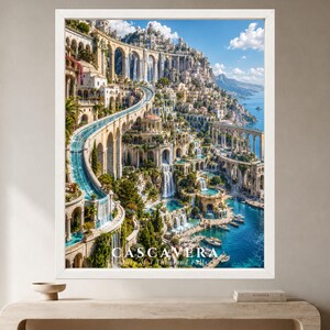 Puede incluir: Una impresi&oacute;n de arte mural enmarcada que representa una ciudad costera con arquitectura de piedra blanca, acueductos arqueados y cascadas que fluyen hacia un mar azul. El texto CASCAVERA City of a Thousand Falls aparece en la parte inferior.