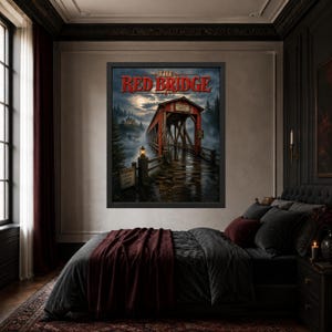 K&ouml;nnte beinhalten: Ein gerahmter Kunstdruck mit dem Titel The Red Bridge, der eine rote &uuml;berdachte Br&uuml;cke in einem nebligen, dunklen Wald unter einem Vollmond zeigt. Die Szene enth&auml;lt eine leuchtende Laterne, ein Warnschild und ein entferntes Haus in d&uuml;steren T&ouml;nen.