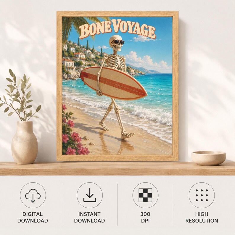 Funny Skeleton Surfer Poster, Retro Beach Art, Coastal Decor (Digital Download) image 11