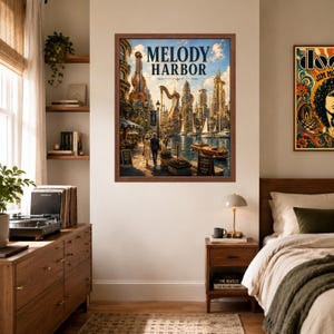 May include: A framed wall art print titled Melody Harbor featuring a fantasy cityscape with musical instrument architecture, including a harp and violin-shaped buildings, a waterfront with boats, and two figures walking along a cobblestone path.