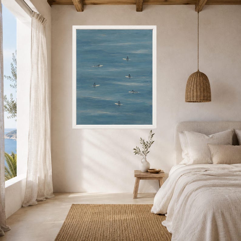 Minimalist Surfers Ocean Print, Muted Blue Coastal Wall Art (Digital Download) image 5