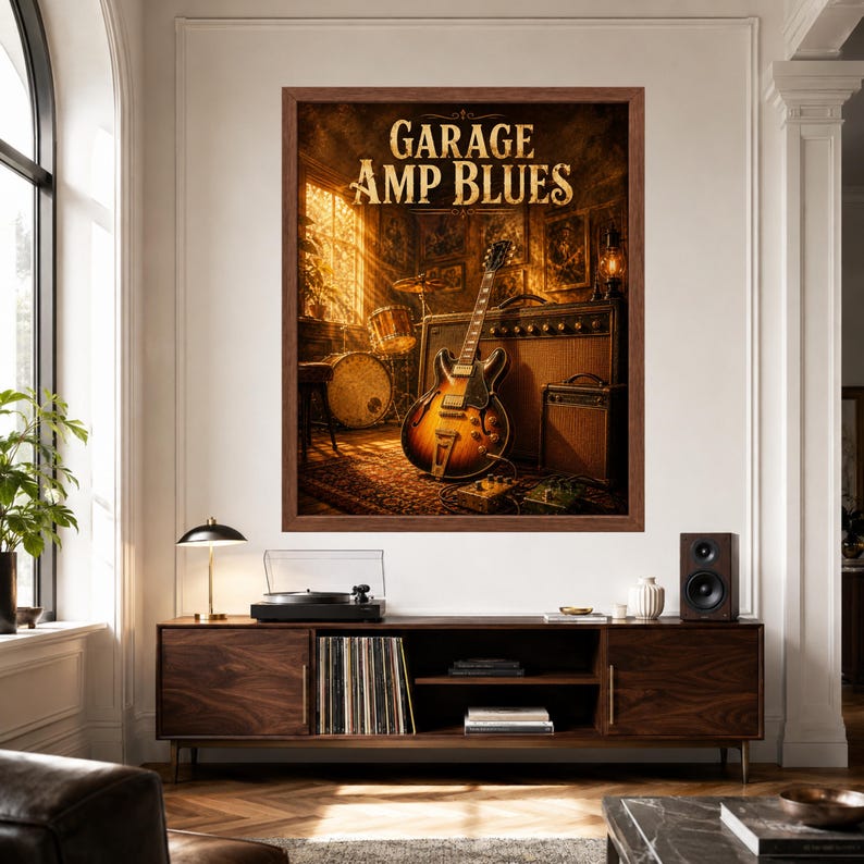 Vintage affisch för bluesgitarrförstärkare, konst för garagerepetitionsrum (digital nedladdning) bild 3