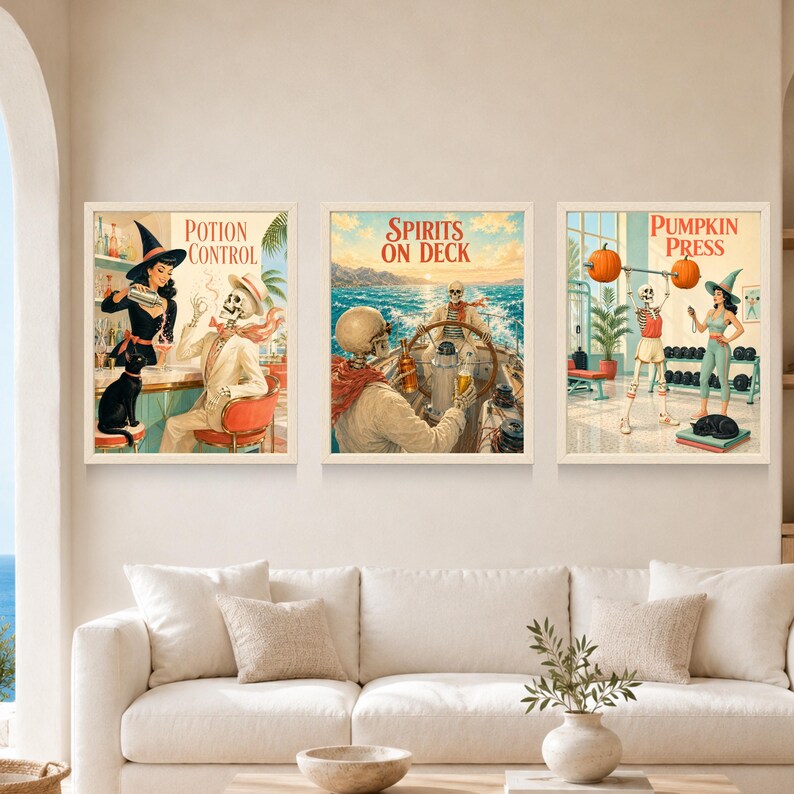 May include: Three framed rectangular wall art prints featuring vintage-style illustrations. The left print shows a witch and a skeleton at a bar with the text Potion Control. The center print shows skeletons on a boat with the text Spirits on Deck. The right print shows a skeleton and a witch in a gym with the text Pumpkin Press.