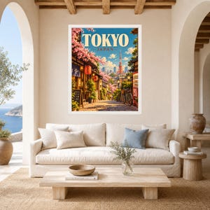 Tokyo Travel Poster, Cherry Blossom Street Scene, Japan City Art (Digital Download) image 3