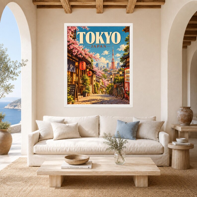 Tokyo Travel Poster, Cherry Blossom Street Scene, Japan City Art (Digital Download) image 3
