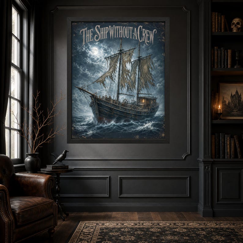 May include: A framed wall art print featuring a dark, stormy ocean scene with a weathered, tattered-sail ship under a full moon. The text THE SHIP WITHOUT A CREW is printed in a stylized, gothic-inspired font at the top of the dark blue composition.