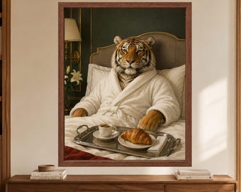 Funny Tiger Breakfast in Bed Poster, Hotel Room Art Print (Digital Download)