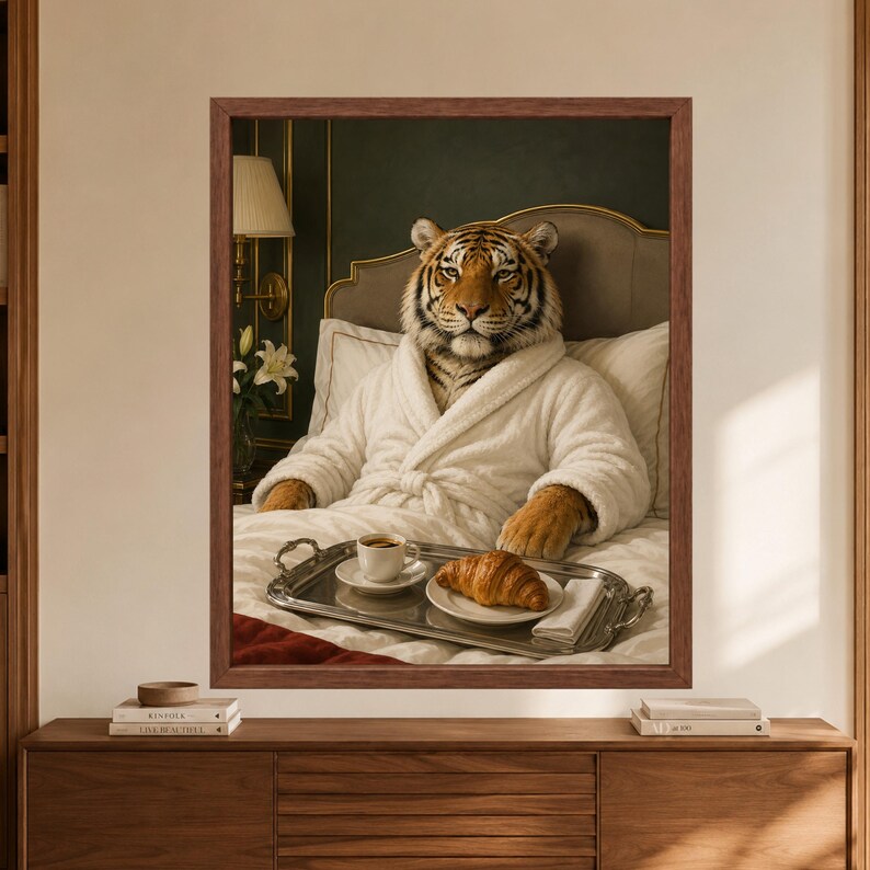 Framed tiger wall art showing a tiger wearing a white bathrobe while sitting upright in bed with an espresso and croissant on a silver breakfast tray in a dark green hotel-style room.