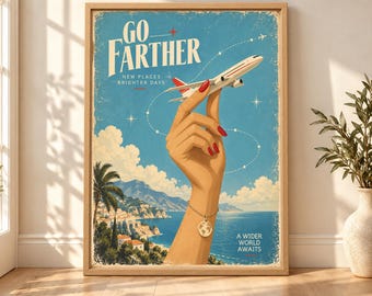 Vintage Travel Poster, Airplane Wall Art, Mediterranean Coast Print, Retro Aviation Decor, Digital Download