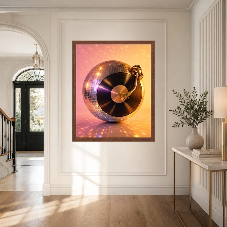 Puede incluir: Una impresi&oacute;n de arte mural enmarcada que presenta una bola de discoteca esf&eacute;rica con un disco de vinilo negro integrado en su centro, sobre un fondo c&aacute;lido y brillante de color naranja y rosa con reflejos de luz proyectados debajo.
