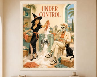 Grappige heksen-skelet wasgoed kunst, retro Halloween print (digitale download)
