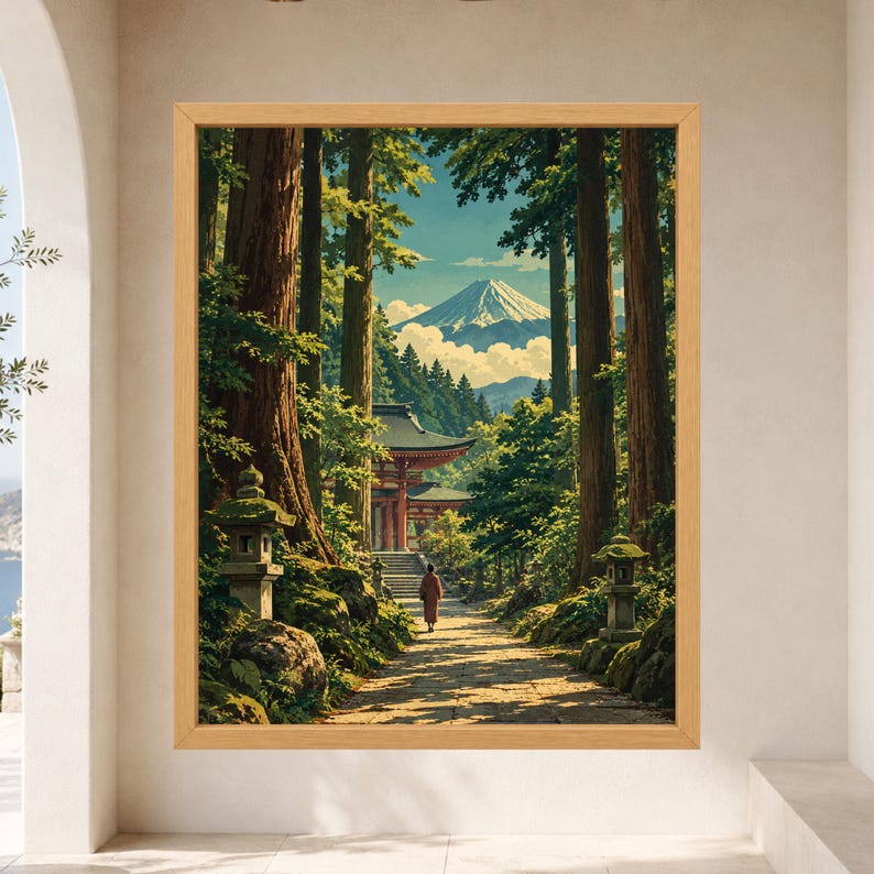 Mount Fuji Forest Shrine Print, Japandi Landscape Art (Digital Download) afbeelding 7