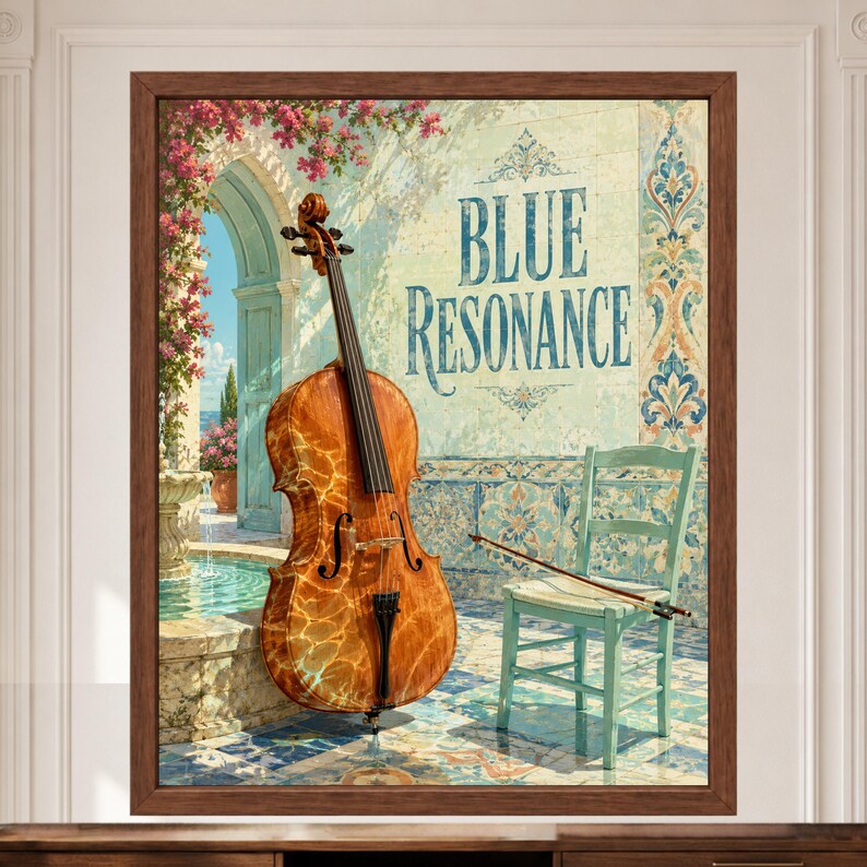Puede incluir: Una impresi&oacute;n art&iacute;stica enmarcada que muestra un violonchelo de madera con reflejos de luz en su cuerpo, colocado junto a una silla de madera azul claro y un arco. El fondo muestra una fuente de piedra, flores rosas y el texto BLUE RESONANCE.