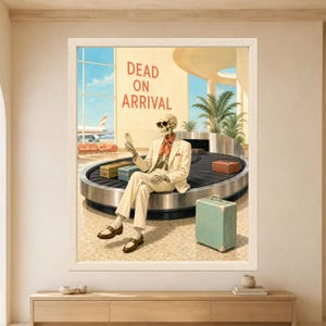Framed Dead on Arrival skeleton wall art featuring a sunglasses-wearing skeleton in a cream suit sitting on an airport baggage carousel with vintage luggage, boarding pass and airplane in the background.