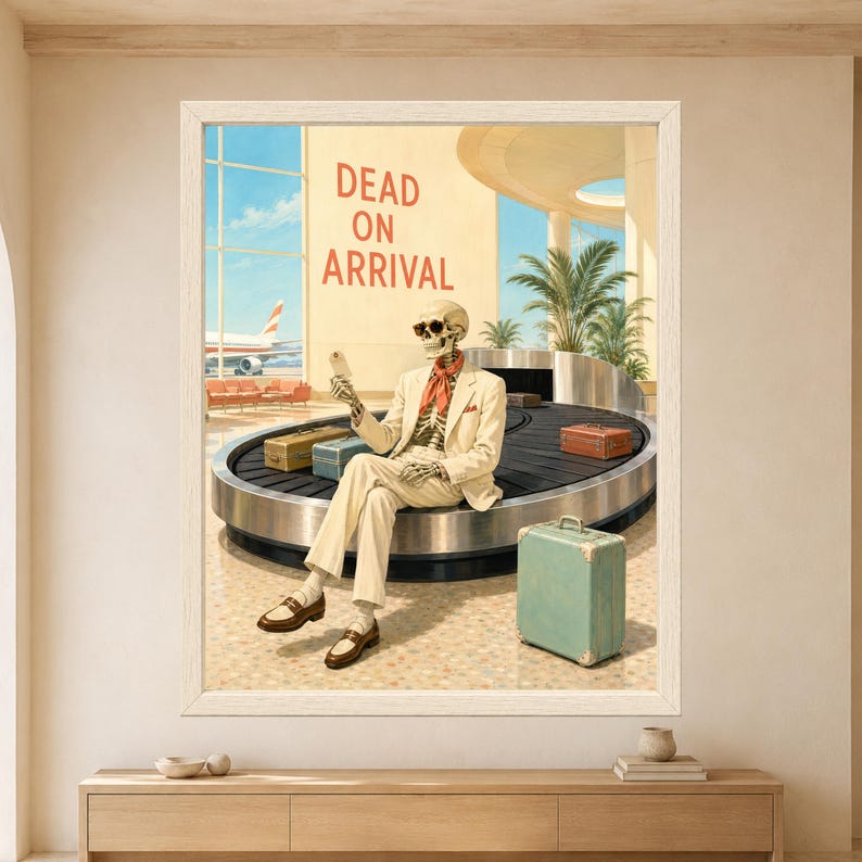 Framed Dead on Arrival skeleton wall art featuring a sunglasses-wearing skeleton in a cream suit sitting on an airport baggage carousel with vintage luggage, boarding pass and airplane in the background.