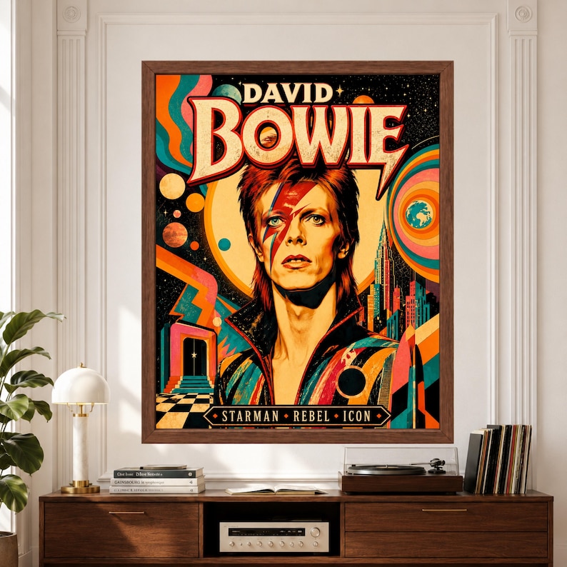 Framed David Bowie wall art featuring Bowie with lightning-bolt makeup surrounded by bold orange and teal retro graphics, planets, stars, geometric city shapes and Starman Rebel Icon typography.