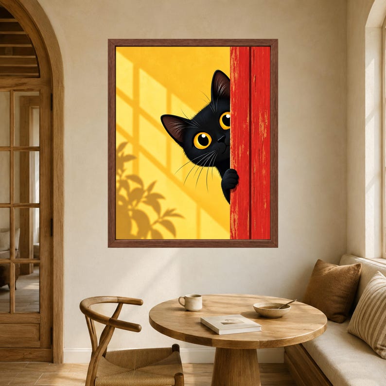 May include: A framed wall art print featuring a black cat with large yellow eyes peeking from behind a bright red wooden door. The background is a vibrant yellow wall with a shadow of leaves cast across it, creating a high-contrast visual.