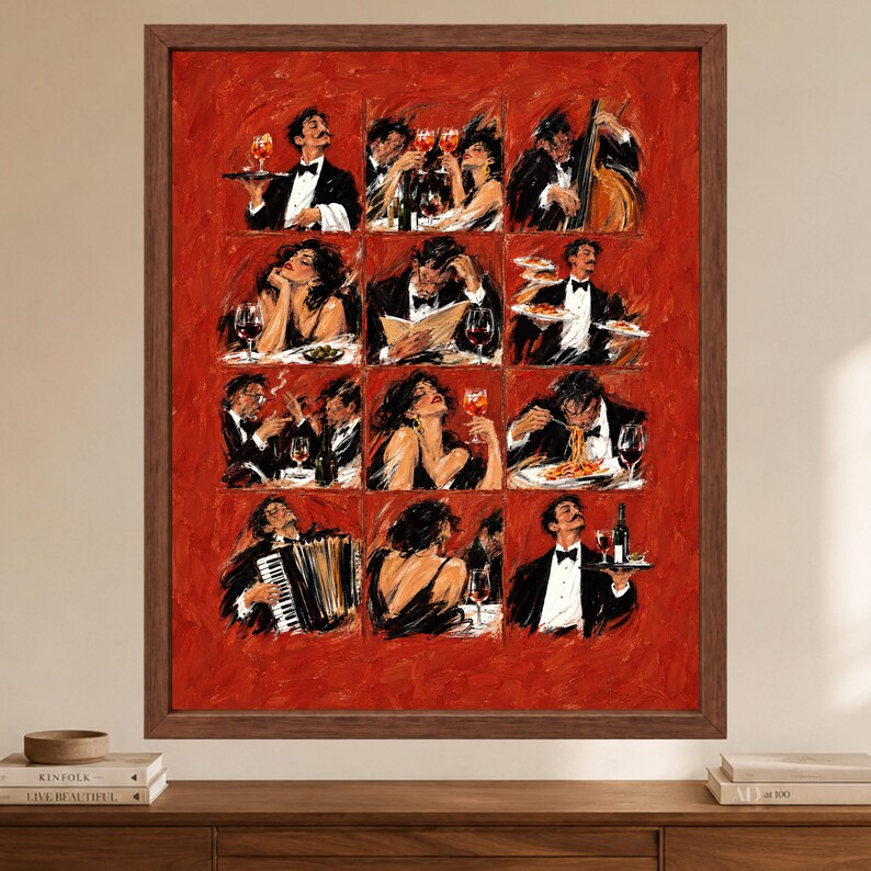 Italian Dining Scene Print, Red Restaurant Art, Wine Pasta Poster (Digital Download) image 2