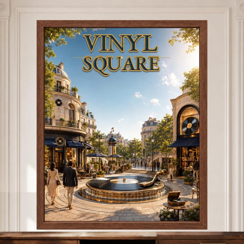 May include: A framed wall art print titled VINYL SQUARE featuring a European-style plaza with a large black vinyl record fountain in the center, surrounded by stone buildings, shops with blue awnings, and people walking on a sunny day.