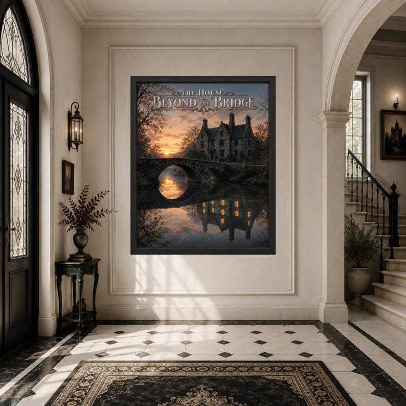 Peut inclure: Une &oelig;uvre d'art murale rectangulaire encadr&eacute;e intitul&eacute;e The House Beyond the Bridge, repr&eacute;sentant un manoir en pierre et un pont en arc au-dessus de l'eau au coucher du soleil, avec des reflets orang&eacute;s et violets, des arbres sombres et des fen&ecirc;tres &eacute;clair&eacute;es.