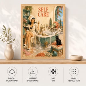 May include: A framed wall art print titled SELF CARE featuring a vintage-style illustration of a person in a white robe reading a book while a skeleton relaxes in a clawfoot bathtub filled with bubbles, accompanied by a black cat on a stool.