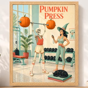May include: A framed poster titled PUMPKIN PRESS featuring a skeleton lifting a barbell with pumpkins as weights. A person in a witch hat and athletic wear stands nearby with a stopwatch, while a black cat rests on a stack of towels.