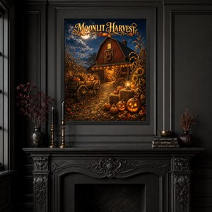 May include: A framed wall art print titled Moonlit Harvest, depicting a red barn at night under a full moon. The scene features a wooden wagon, glowing jack-o'-lanterns, hay bales, and autumn foliage, all illuminated by warm string lights and lanterns.