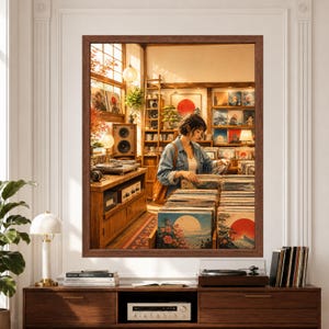 Framed Japanese record store wall art featuring a woman browsing vinyl records in a warm wooden music shop with vintage speakers, turntable, album shelves, bonsai trees, paper lanterns and Japanese-inspired artwork above a record player console.