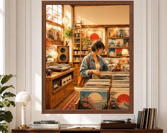 Japoński plakat ścienny do sklepu z płytami, plakat „Vinyl Lover”, wystrój sklepu muzycznego w Tokio (pobranie cyfrowe)