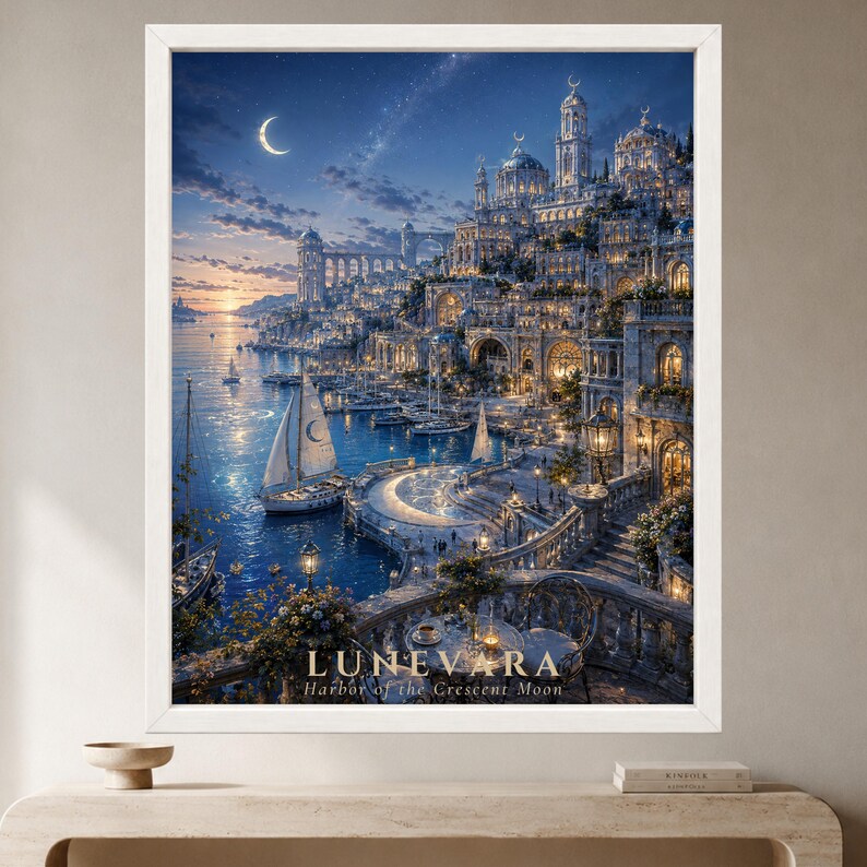 May include: A framed wall art print titled LUNEVARA Harbor of the Crescent Moon, depicting a fantasy coastal city at twilight with illuminated stone architecture, a crescent moon in the sky, sailboats on the water, and a balcony with a table.