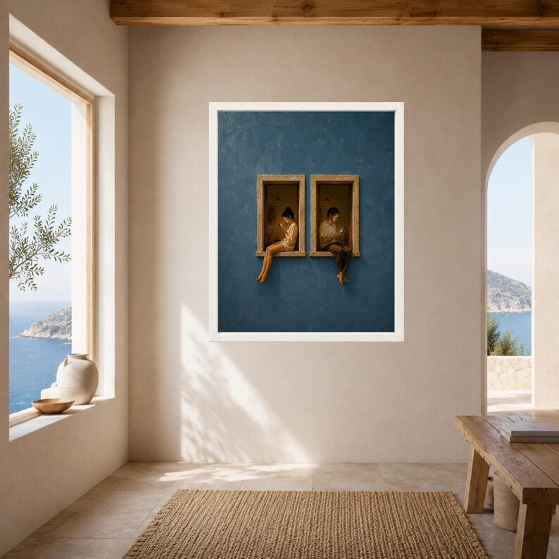 Op de afbeelding: Een ingelijste kunstprint met een diepblauwe, getextureerde muur met twee rechthoekige stenen raamkozijnen. In elk kozijn zit een persoon die naar een mobiel apparaat kijkt. Het kunstwerk is ingelijst in een witte lijst aan een muur.