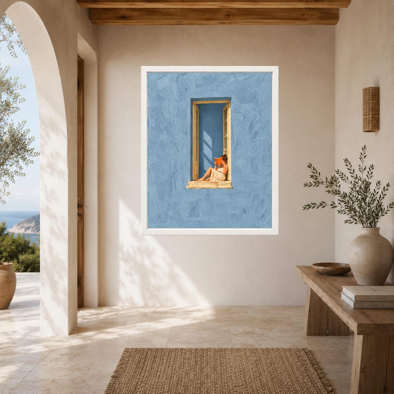 Woman Reading in Window Print, Mediterranean Blue Wall Art (Digital Download) image 6