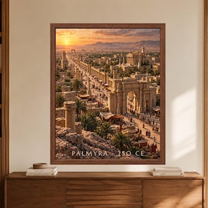 Framed Palmyra 250 CE wall art showing a reconstructed ancient Syrian city with monumental Roman arches, a long colonnaded avenue, crowded markets, palm trees and desert mountains under warm sunset light.
