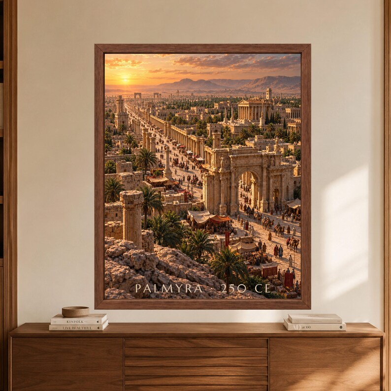 Framed Palmyra 250 CE wall art showing a reconstructed ancient Syrian city with monumental Roman arches, a long colonnaded avenue, crowded markets, palm trees and desert mountains under warm sunset light.