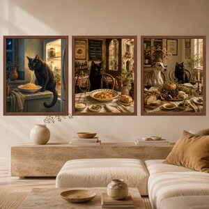 May include: A set of three framed wall art prints featuring black cats in various dining scenes. The first shows a cat eating spaghetti by an open refrigerator, the second a cat at a table with pasta, and the third a cat and dog at a feast.
