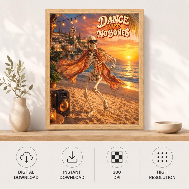 Dancing Skeleton Beach Party Print, Retro Summer Humor Art (Digital Download) image 11