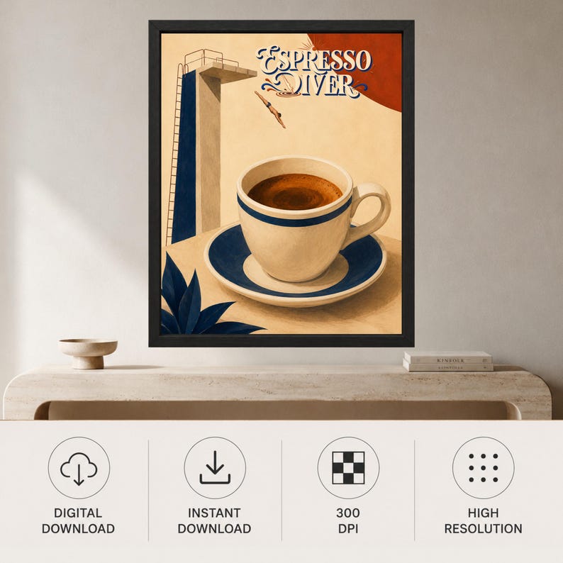 May include: A framed wall art print titled Espresso Diver featuring a white coffee cup with a blue rim on a matching saucer. The background shows a diving board with a person mid-air, a large red circle, and dark blue leaves in the corner.