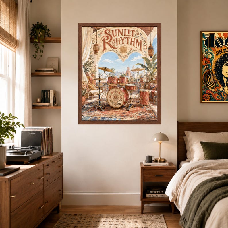 May include: A framed wall art print titled Sunlit Rhythm featuring a drum kit set on a patterned rug within an arched balcony overlooking a coastal town. The scene includes hanging lanterns, lush plants, and warm, sun-drenched architectural details.