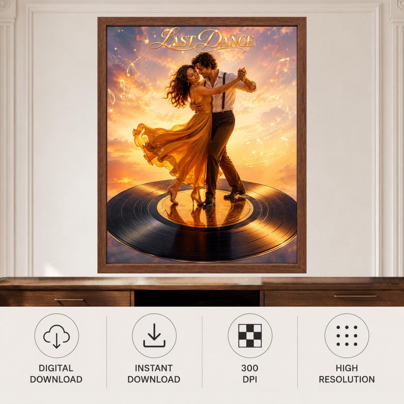 May include: A framed wall art print titled Last Dance featuring a couple dancing on a large black vinyl record against a golden sunset sky. The person on the left wears a flowing yellow dress, and the person on the right wears a white shirt and dark trousers with suspenders, surrounded by floating musical notes.