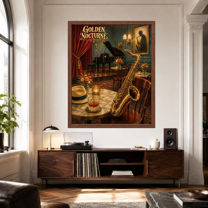 May include: A framed wall art print titled Golden Nocturne depicting a jazz club scene with a gold saxophone on a wooden chair, a fedora hat, a glass of whiskey on a round table, a grand piano, red curtains, and warm ambient lighting.