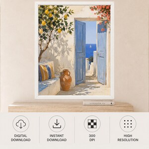 May include: A framed wall art print depicting a Mediterranean scene with an open blue door, a terracotta vase, a lemon tree with yellow fruit, and a striped cushion on a stone bench, overlooking a blue sea with a distant sailboat under a clear sky.