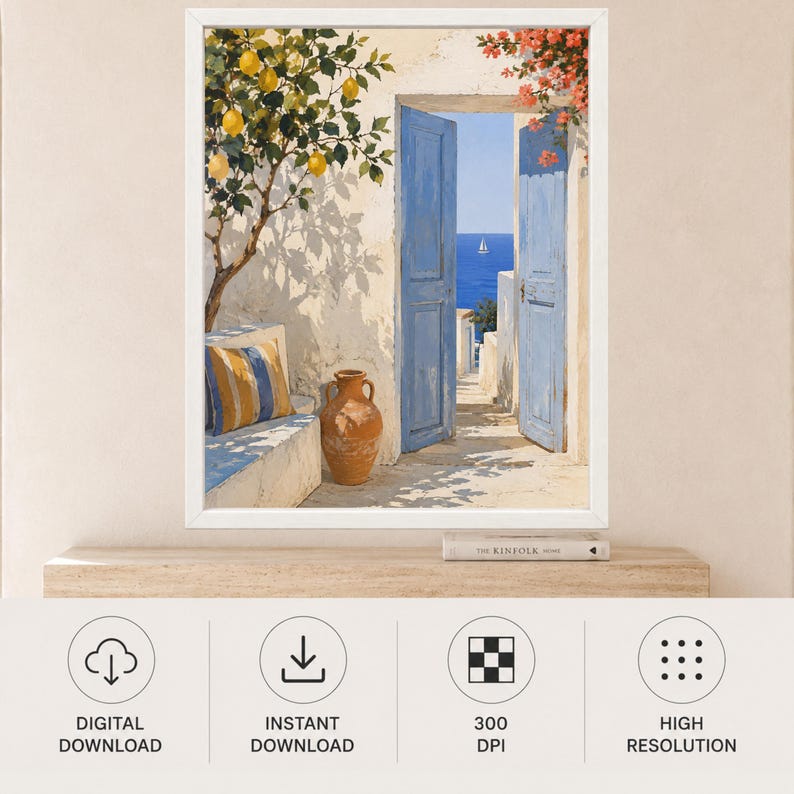 May include: A framed wall art print depicting a Mediterranean scene with an open blue door, a terracotta vase, a lemon tree with yellow fruit, and a striped cushion on a stone bench, overlooking a blue sea with a distant sailboat under a clear sky.